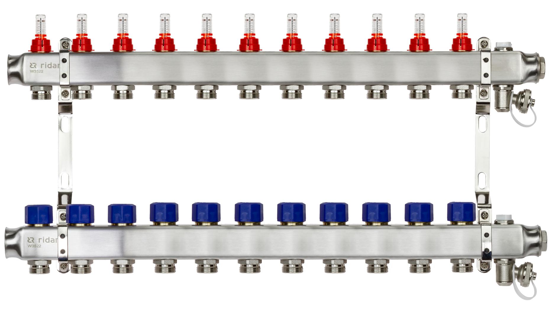 Ридан 088U0961R — Комплект коллекторов SSM-11RF set с расходомерами, кронштейнами, ручным воздухоотводчиком, сливным краном и торцевой заглушкой, 11 контуров