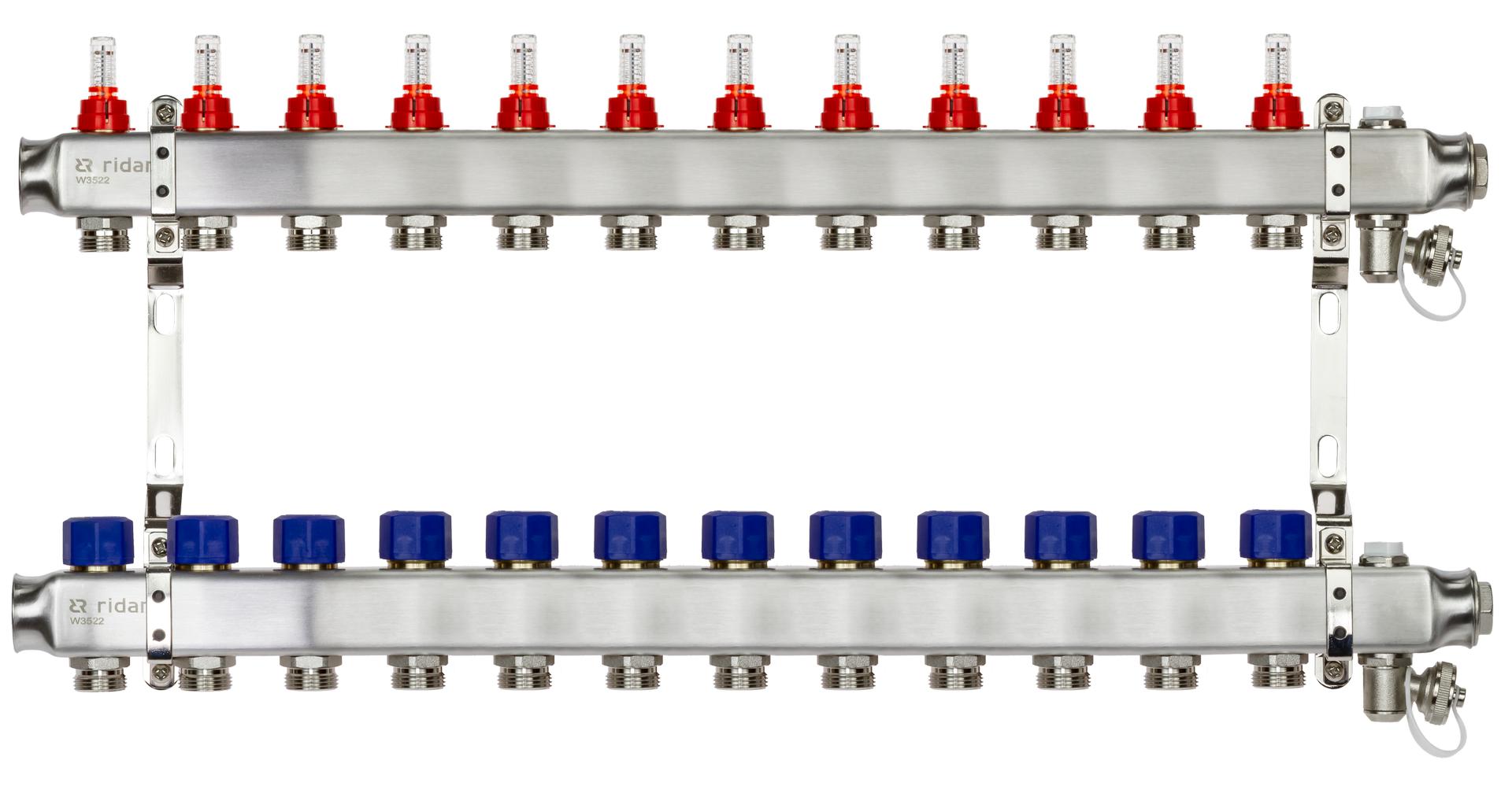 Ридан 088U0962R — Комплект коллекторов SSM-12RF set с расходомерами, кронштейнами, ручным воздухоотводчиком, сливным краном и торцевой заглушкой, 12 контуров