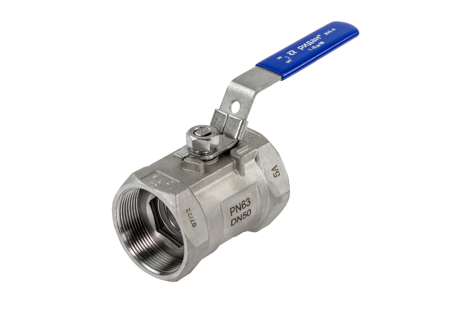 Ридан BVS-R 082X4607R — Шаровый кран резьбовой DN50 PN63, с рукояткой, корпус — коррозионностойкая сталь, шар — коррозионностойкая сталь AISI316; уплотнение по шару R-PTFE (15% C)