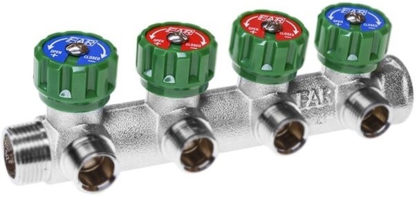 Коллектор Far (FK 3824 112) 1 ВР(г) х 4 выхода 1/2 НР(ш) ЕК х 1 НР(ш) регулируемый