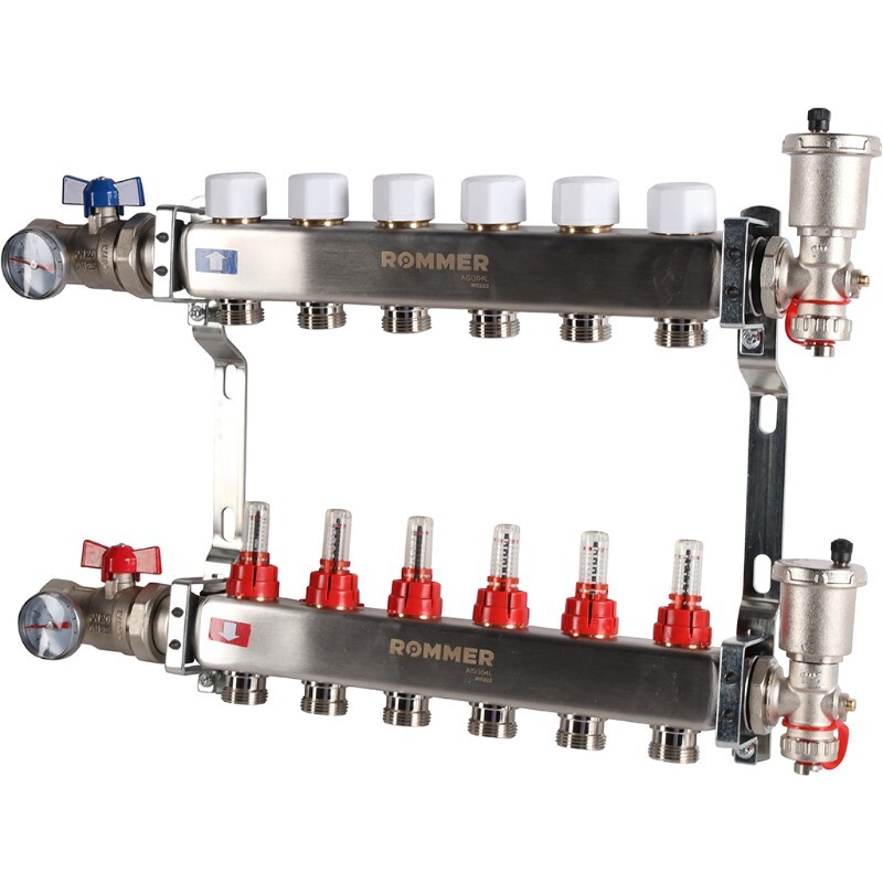 Коллектор Rommer 1"x3/4" на 6 контуров с расходомерами в сборе (нерж. сталь) RMS-1210-000006