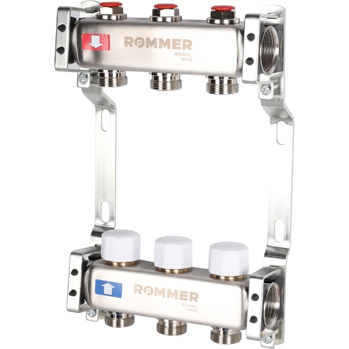 Коллектор Rommer 1"x3/4" на 3 контура с запорными клапанами (нерж. сталь) RMS-3200-000003