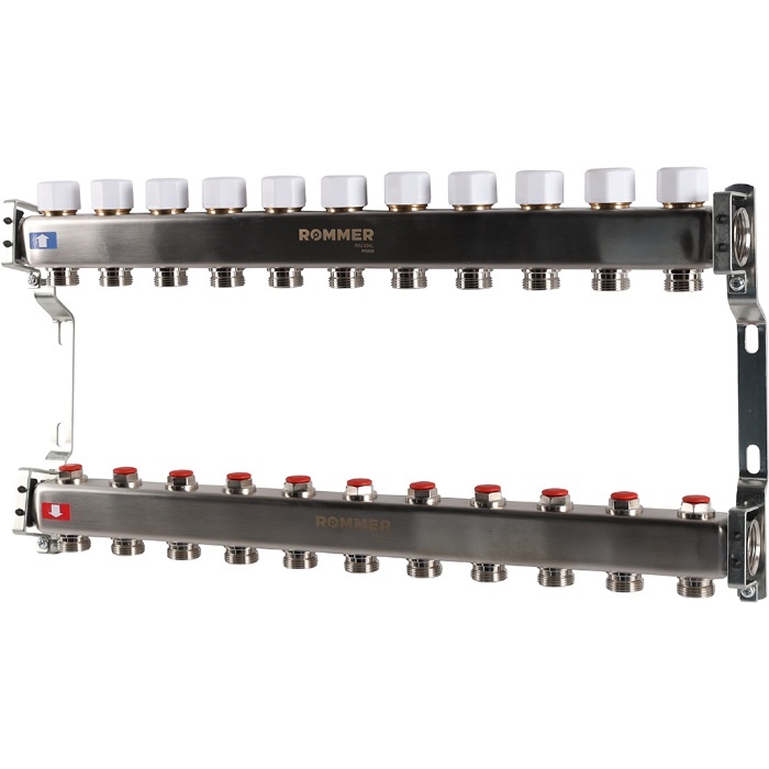 Коллектор Rommer 1"x3/4" на 11 контуров с запорными клапанами (нерж. сталь) RMS-3200-000011