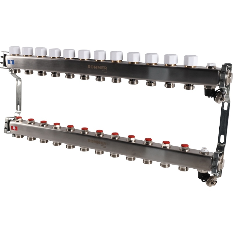 Коллектор Rommer 1"x3/4" на 12 контуров с запорными клапанами (нерж. сталь) RMS-3201-000012