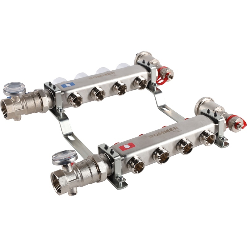 Коллектор Rommer 1"x3/4" на 4 контура с запорными клапанами в сборе (нерж. сталь) RMS-3210-000004