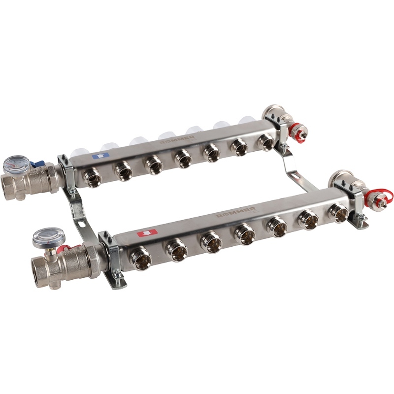 Коллектор Rommer 1"x3/4" на 7 контуров с запорными клапанами в сборе (нерж. сталь) RMS-3210-000007