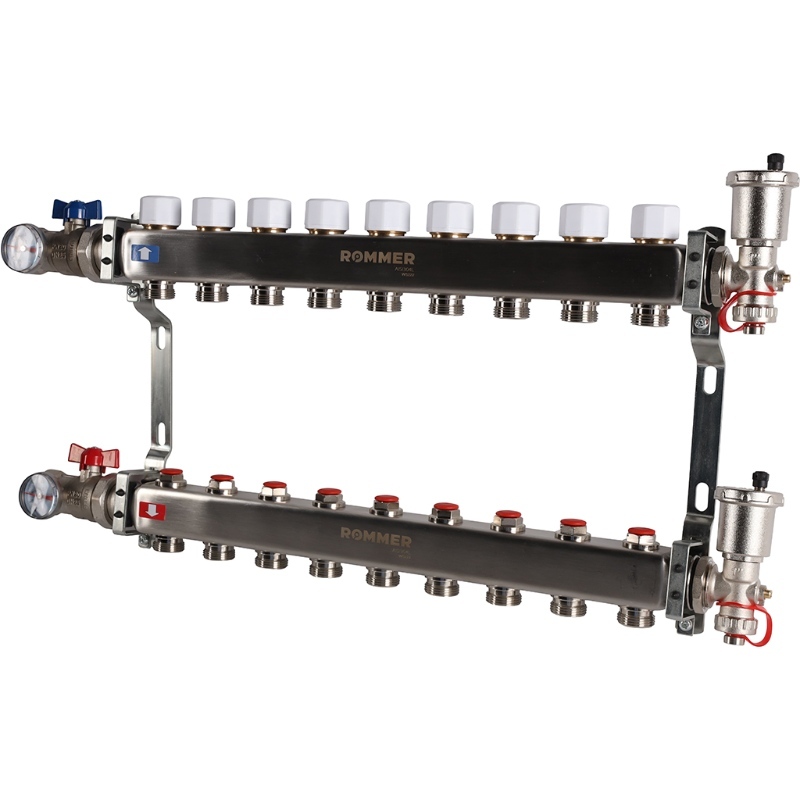 Коллектор Rommer 1"x3/4" на 9 контуров с запорными клапанами в сборе (нерж. сталь) RMS-3210-000009