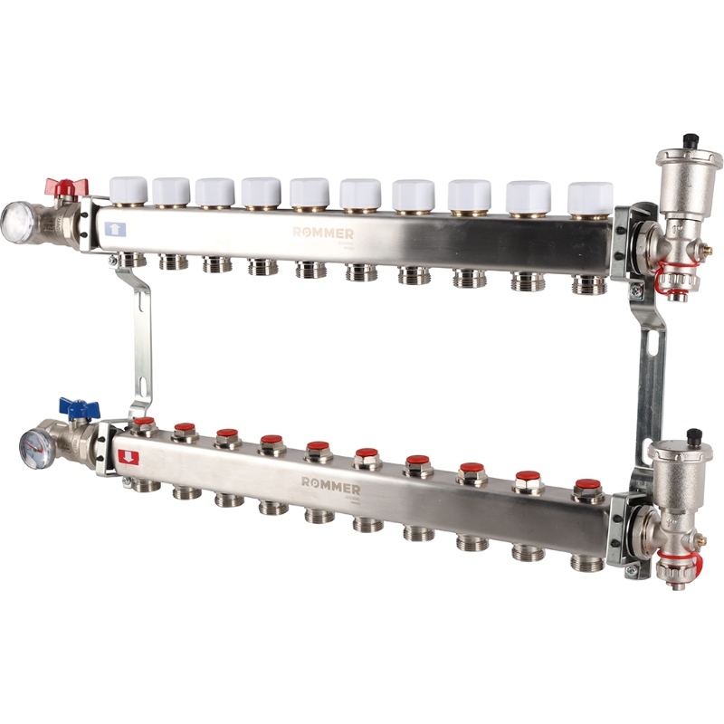 Коллектор Rommer 1"x3/4" на 10 контуров с запорными клапанами в сборе (нерж. сталь) RMS-3210-000010