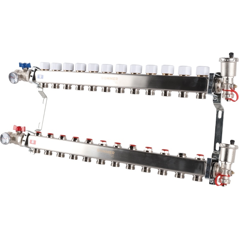 Коллектор Rommer 1"x3/4" на 12 контуров с запорными клапанами в сборе (нерж. сталь) RMS-3210-000012