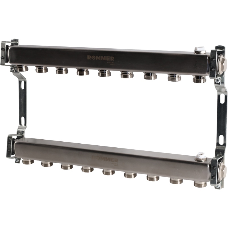 Коллектор Rommer 1"x3/4" на 9 контуров для радиаторной разводки (нерж. сталь) RMS-4401-000009