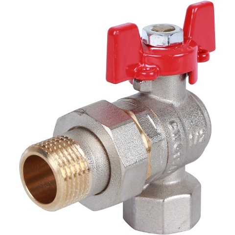 Шаровой кран Rommer угловой с американкой 1/2" ВР/НР, ручка-бабочка (RBV-0006-0610215)