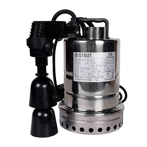 Насос дренажный STOUT SPD - 0,25 кВт (Hmax 7,2 м, Qmax 150 л/мин, с вертикальным поплавком)