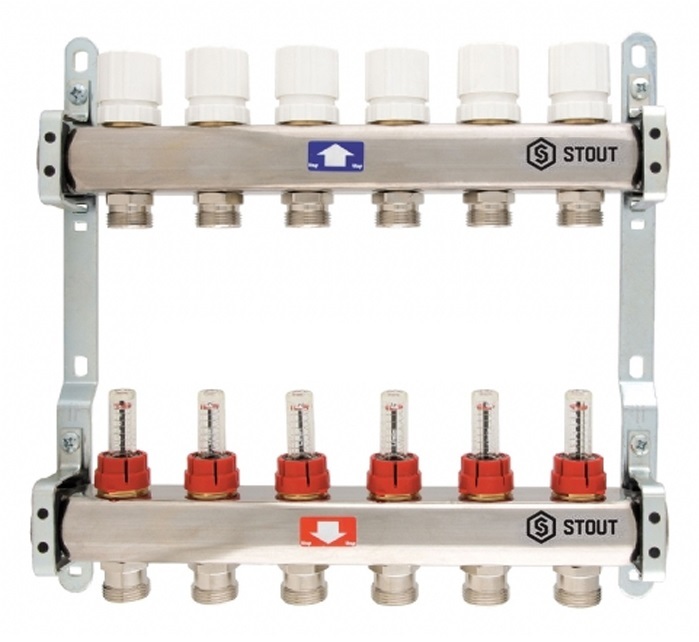 Коллектор Stout 1" x 3/4" на 4 контура с расходомерами (нерж. сталь) SMS-0917-000004