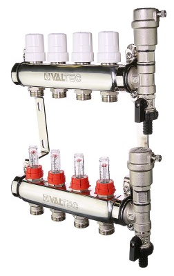 Коллекторный блок Valtec 1"x3/4" 4 выхода с расходомерами (нерж. сталь) VTc.589.EMNX.0604