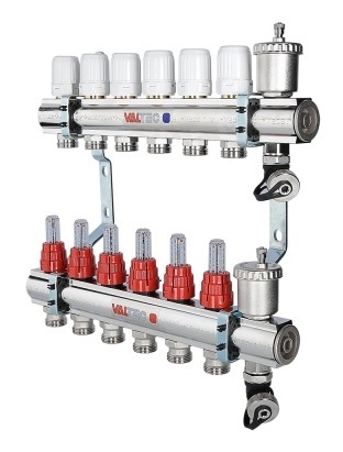 Коллекторный блок Valtec 1"х3/4" 12 выходов с расходомерами (латунь) VTc.596.EMNX.0612